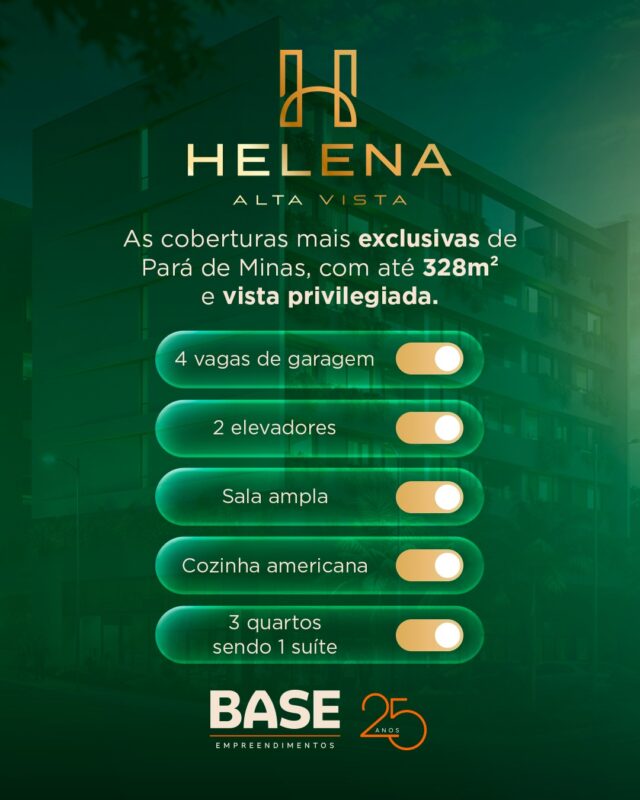 As coberturas do Helena Alta Vista foram projetadas para quem busca amplitude, sofisticação e uma experiência única de morar.

Com opções de até 328m², os espaços oferecem integração, conforto e uma vista privilegiada da cidade, criando o cenário perfeito para viver grandes momentos.

✔ 4 vagas de garagem
✔ Áreas comuns
✔ Área gourmet
✔ Piscina e deck
✔ Academia e brinquedoteca

🏙️ Um novo nível de exclusividade começa aqui.

#HelenaAltaVista #BaseEmpreendimentos #CoberturaDeLuxo #AltoPadrão #ParáDeMinas #MorarBem #Exclusividade