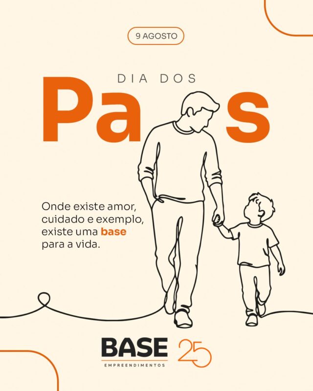 Neste Dia dos Pais, celebramos aqueles que são o primeiro exemplo de cuidado, proteção e amor.

Assim como toda grande construção precisa de uma base sólida, a vida também começa sobre os valores que um pai transmite todos os dias: presença, dedicação e inspiração.

A Base Empreendimentos homenageia todos os pais que constroem muito mais do que patrimônios. Constroem famílias, histórias e um futuro cheio de possibilidades.

Feliz Dia dos Pais! 💙

#BaseEmpreendimentos #DiaDosPais #Base25Anos #ParáDeMinas #Família #ConstruindoHistórias #Legado #AmorDePai